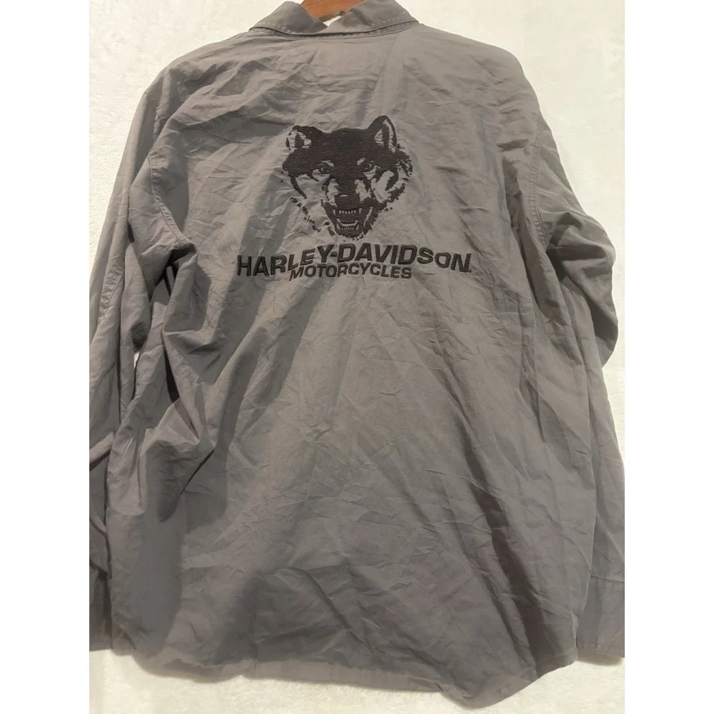 Harley Davidson‎ Shirt Mens Medium Touring Wolf Embroidered Button Up  Gray